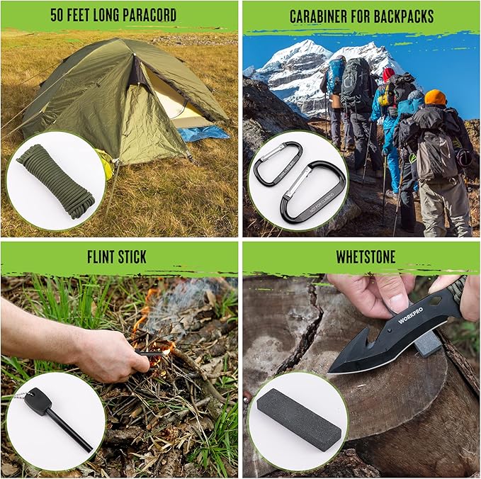 WORKPRO Camping Hatchet & Machete with Sheath, Camping Axe and Fixed Blade Hunting Knives with Paracord Handle, Headlamp, Flint, Camping Tool Set for Outdoor Hunting Survival