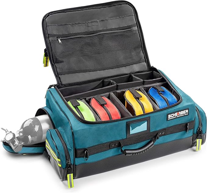Scherber First Responder O2 Bag | Ultimate Professional EMT/EMS Trauma Oxygen Kit | Durable Reflective 600D Water Repellant Bag w/10+ Compartments, Zippered Pockets, Dividers & Padded Strap XL - Blue