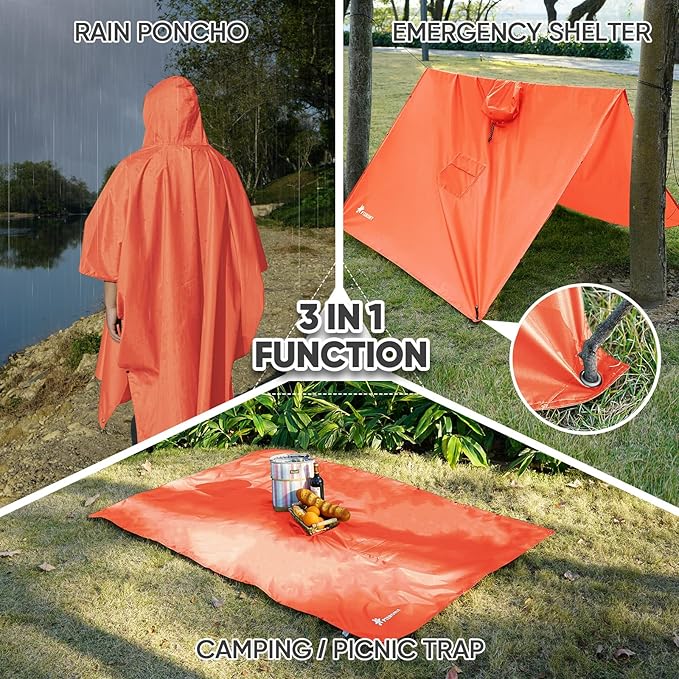 PTEROMY 3-in-1 Hooded Rain Poncho for Adult with Pocket, Waterproof Lightweight Unisex Raincoat for Hiking Camping Emergency