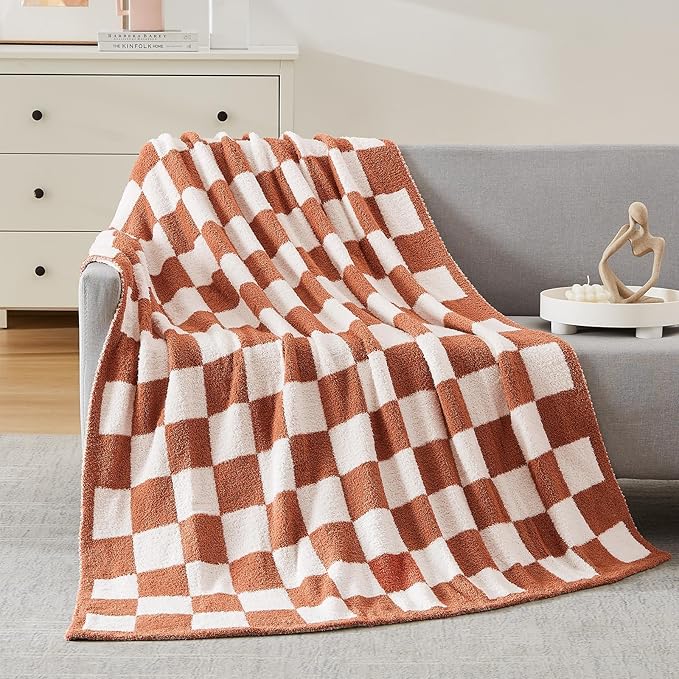 WRENSONGE Checkered Throw Blanket, Autumn Leaf Orange Soft Cozy Fluffy Warm Hand Made Throw Blankets for Couch, Sofa, Chair, Bed, Camping, Picnic, Travel Lightweight Bed Blanket - 50"*70"