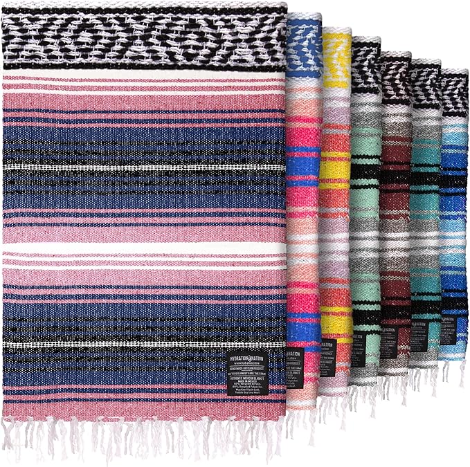 Hydration Nation Authentic Large Handwoven Mexican Blanket - Soft Yoga- Durable Serape- Lightweight Falsa, Beach, Camping, Picnic, Outdoor Blanket 70"x50" - Rose Pastel
