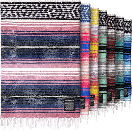 Hydration Nation Authentic Large Handwoven Mexican Blanket - Soft Yoga- Durable Serape- Lightweight Falsa, Beach, Camping, Picnic, Outdoor Blanket 70"x50" - Rose Pastel