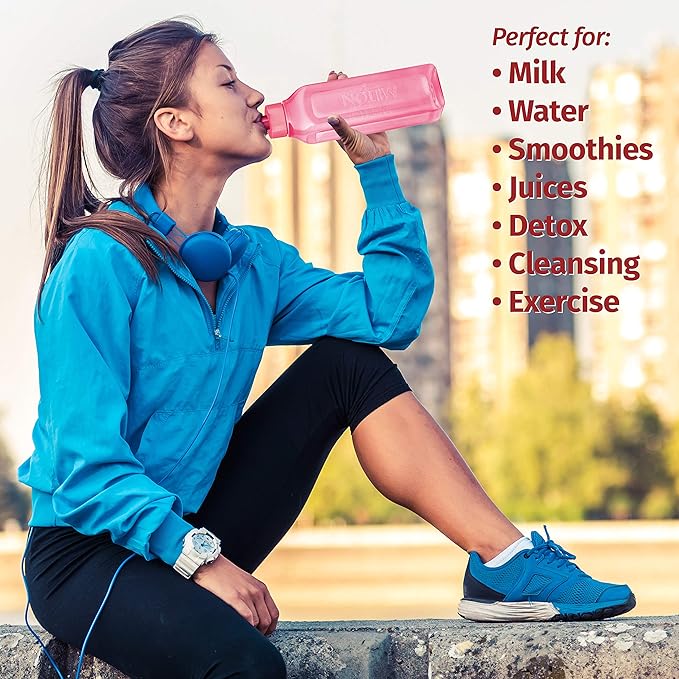 Sports Water Bottle Square Juice Box 128 Set 32 oz. Great for Juices Milk Smoothies Plastic Wide-Mouth Reusable Leak Proof Drink Bottle/Carton for School Bags Lunch Boxes Gym Flip Lid -BPA Free