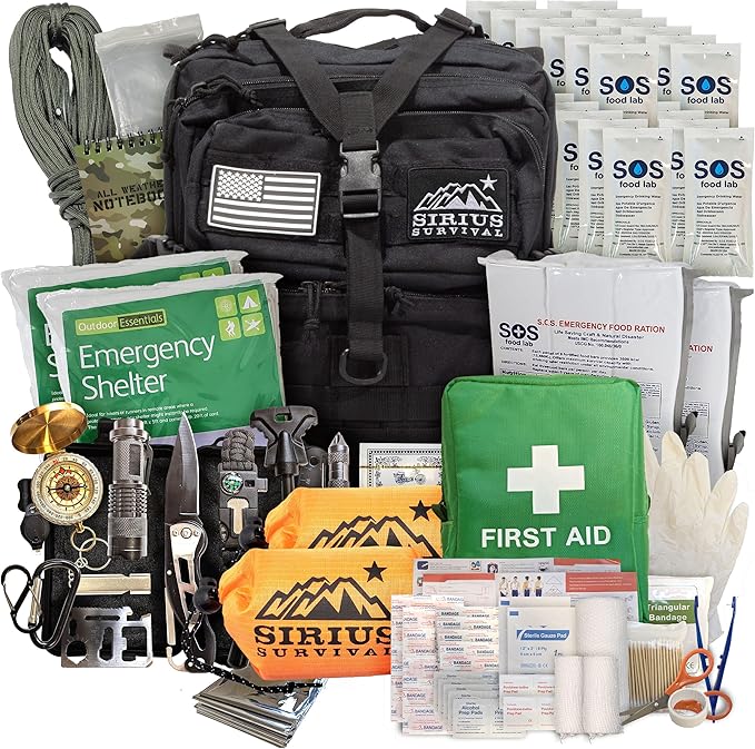 Sirius: Bug Out Bag Starter Kit - 72 Hour Kit for 1 Person – Backpack Survival Kit – 50L Tactical Backpack, US Made Food & Water, Medical Supplies & Survival Tools