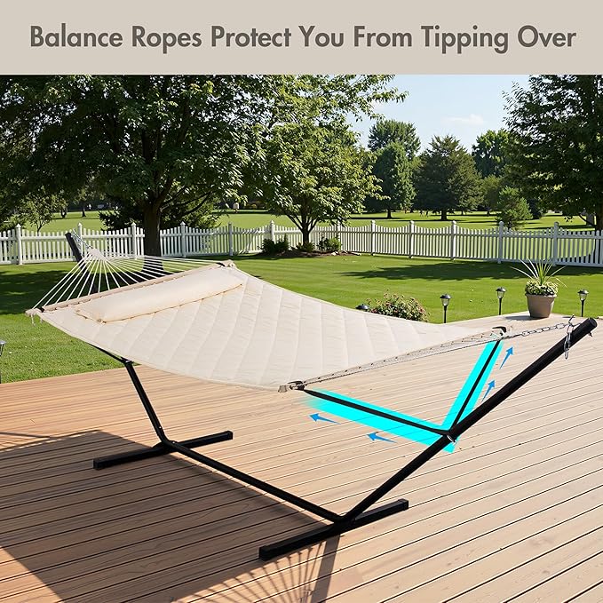ANOW Outdoor Hammock with 12 Feet Heavy Duty Steel Stand, Two Person Hammock with Stand Included, 450 LBS Weight Capacity, Cream