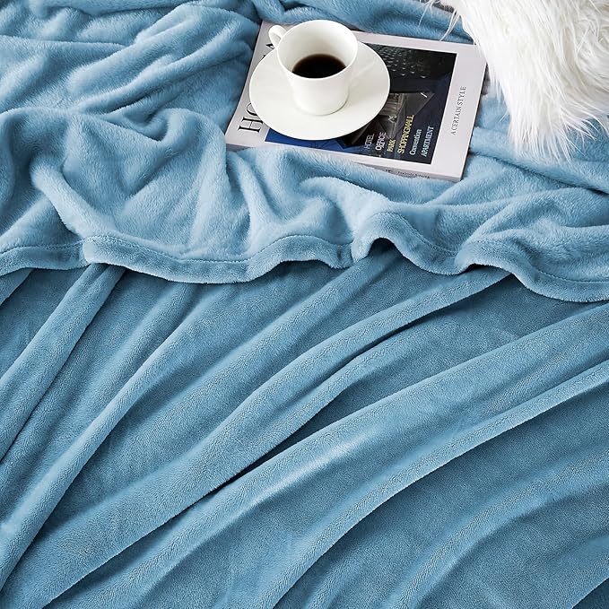 Hansleep Fleece Queen Blanket for Bed Fleece Washed Blue, Queen Size Super Soft Flannel Fuzzy Plush Cozy Blanket for All Seasons, Washed Blue, Queen 90x90 Inches