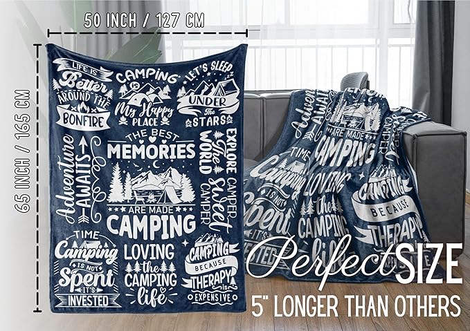 Camping Gifts for Women Men Lovers Throw Blanket, Happy Campers Decor Outdoor, RV Campsite Travel Hiking - Memories, 50" x 65"