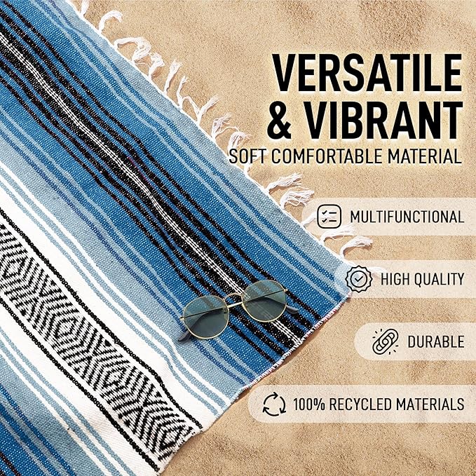 Hydration Nation Authentic Extra Large Mexican Blanket (70"x50") - Handwoven Yoga, Serape- Artisanal Falsa, Beach, Camping, Picnic, Outdoor - Sky Blue