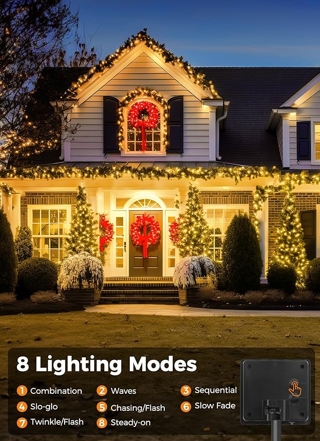 Solar String Lights Outdoor, 2 Pack Total 80FT 200 LED Solar Powered String Lights with 8 Lighting Modes, Waterproof Patio Lights, Solar Lights for Outside Tree Garden Balcony Gazebo Party, Warm White