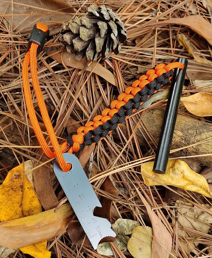 Drilled Ferro Rod Fire Starter, FOSTAR 4 Inch Flint Steel with Paracord Lanyard Handle, Striker and Whistle, for Emergency Survival Kits, Hiking, Camping All-Weather Ferrocerium Rod