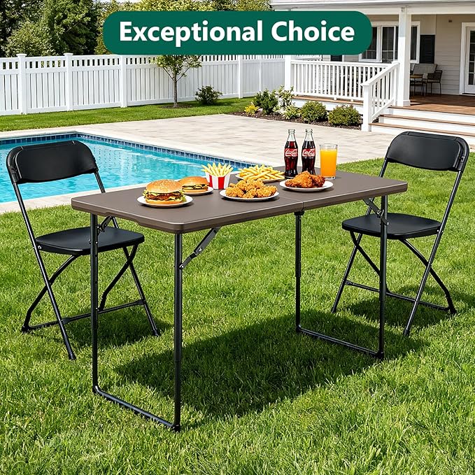 Folding Table, 4FT Foldable Picnic Table with Adjustable Height, Heavy Duty Fold-in-Half Portable Table for Weddings, Camping, RV Travel, Parties, BBQs, and Indoor Use, Easy to Fold and Store, Khaki