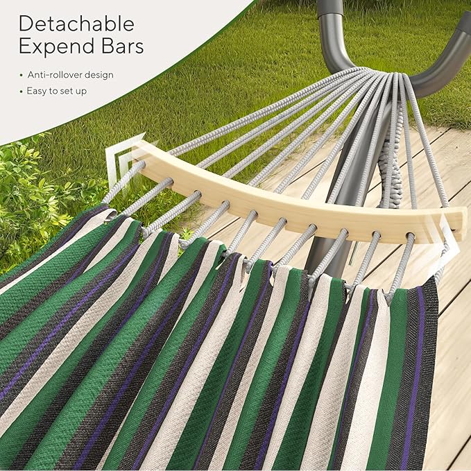 600lbs Hammock with Stand for Outside, 2 Person Portable Hammock with Side Storage, Carrying Bag, Expend Wooden Bar for Outdoor or Indoor (Green Black)