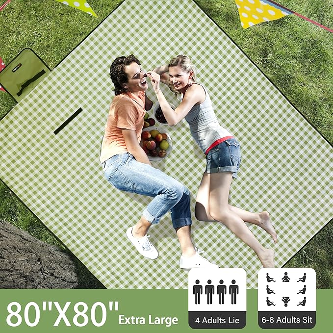 HX&OD Outdoor Picnic Blanket 80"X80" Picnic Mat Extra Large Camping Blanket Beach Blanket Foldable Waterproof Sand Mat Hiking Travel Family Concerts(Green)