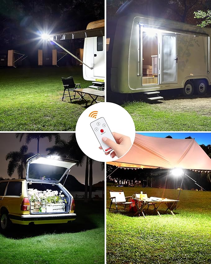 208LED High Bright Solar RV Lights Exterior, Clip on Solar RV Porch Light, 6000 mAh Camper Lights for Outside with Remote Control, Camping Light Outdoor Waterproof Motion Sensor for Camper Awning