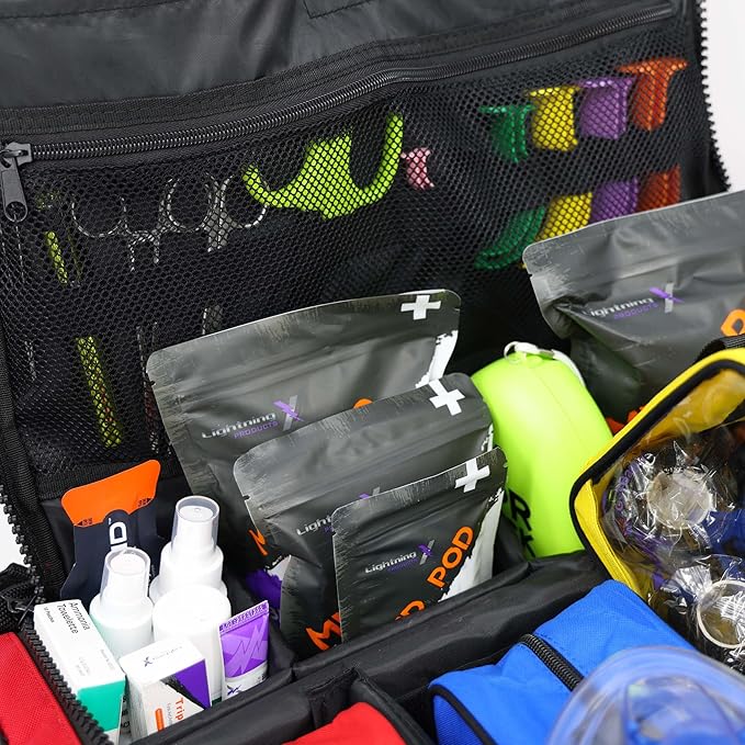 Lightning X Fully Stocked X-Tuff Modular Oxygen Trauma Bag w/Removable Organizer Pouches for EMS/EMT + First Responder - Red