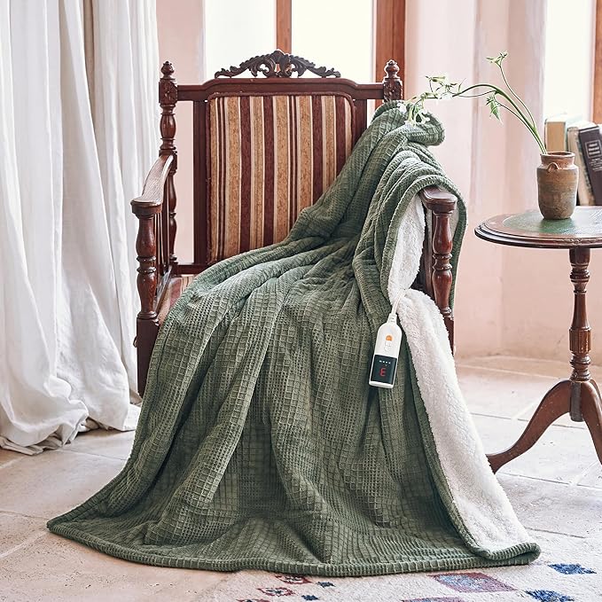 Texciting Heated Blanket Electric Blanket Throw 50''X60''-Heating Throw with 9 Heat Settings-2-10 Hours Auto Off,ETL Certified,Machine Washable (Gray Green)