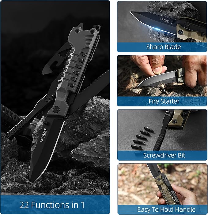 Multi Pocket Knife, 22 in 1,Survival Gear EDC Tools with Nylon Sheath, Emergency, Camping, Hiking, Hunting, Gift for Men Women (Cool Black)