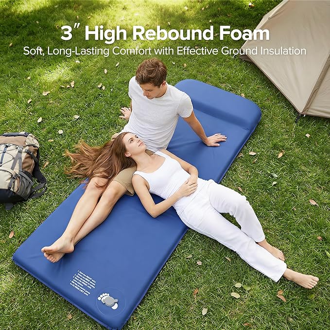 Self-Inflating Sleeping Pad for Camping, 3" Ultra-Thick Outdoor Camping Mat with Pillow & 9.5 R-Value, Insulated All-Season Foam Camping Mattress for Camping Travel Tent Car