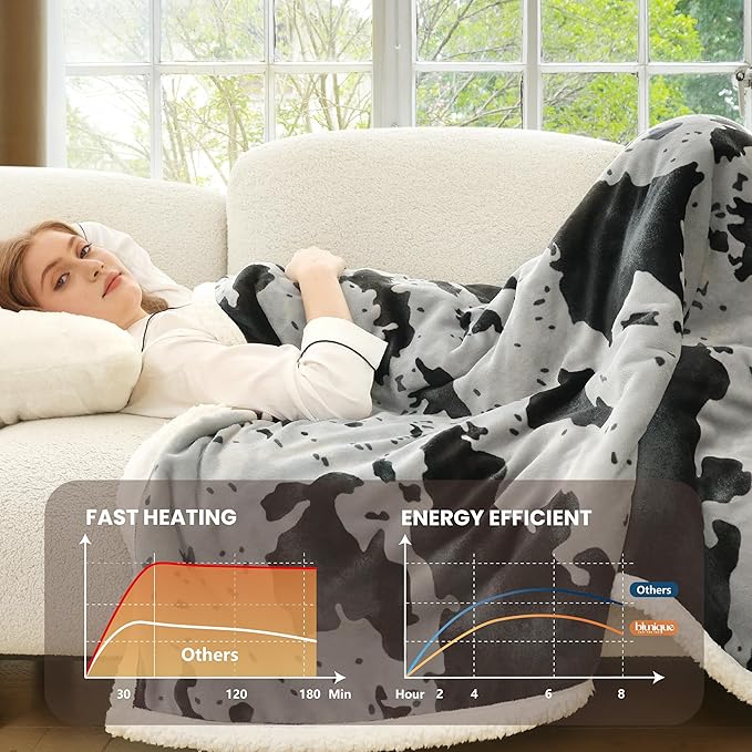 Heated Blanket Twin Blanket - Fast Heating Electric Blanket, Soft Flannel Heated Twin with 4 Time Settings,10 Heating Settings, Warm Gifts for Women & Mom & Grandma(62"x84"Cow Print Grey)