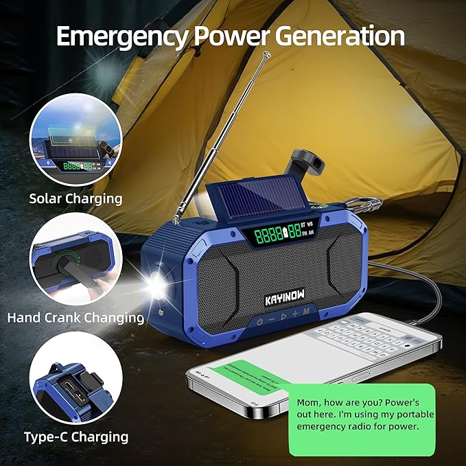 Emergency Weather Radio with Bluetooth,AM/FM/NOAA,Survival Radio Solar Crank,5000mAh Battery Power,IPX5 Waterproof,Portable and Shock-Resistant,Flashlight and SOS for Home Outage Storm Emergencies