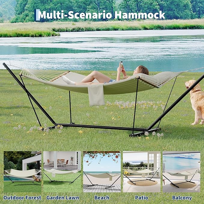 Garvee 2 Person Outdoor Hammock with Stand, Heavy Duty Portable Double Hammock with Balance Rope, MAX 450 LBS Capacity for Patio, Backyard, Garden, Beach