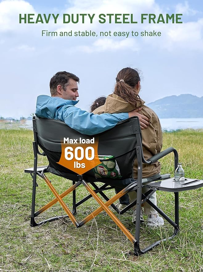 TIMBER RIDGE Double Camping Chair Portable Loveseat, Heavy Duty Folding Camp Couch, 2 person Director Chairs with Cup Holder for Outdoor Lawn Tailgates Picnic Sports Soccer Games Supports 600 lbs Grey