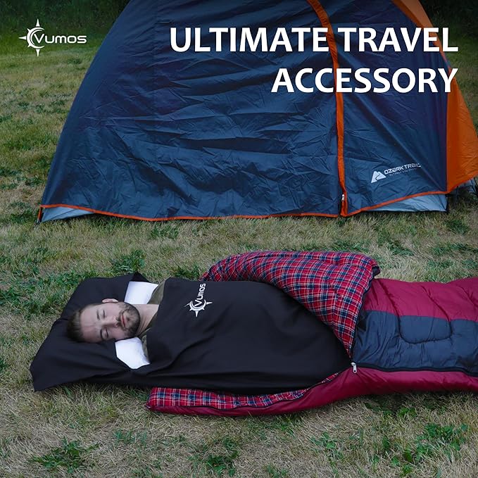 Sleeping Bag Liner Travel Sheet with Full-Length Zipper, Lightweight Silk-Like Polyester Camping Liner with Pillow Pocket, Compact Sleeping Bag Insert for Travel, Backpacking & Hostels