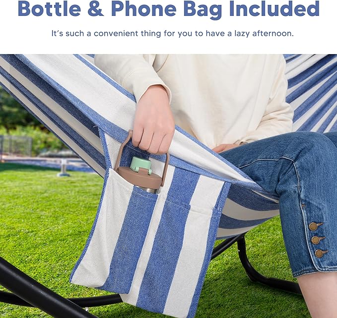 SUNCREAT Portable Large Hammock with Stand, Two Person Hammock with Stand Included, Patent Pending, Blue White