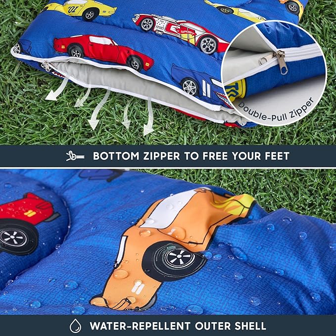 Wake In Cloud - Kids Sleeping Bag for Boys Toddlers, Camping in Warm Cold Weather, Backpacking Lightweight Compact Outdoor Liner for 3 Seasons, Race Cars Vehicles