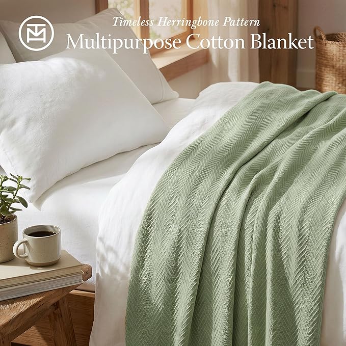 Threadmill Luxury Cotton Blankets for Twin Size Bed | All-Season 100% Cotton Twin Blanket for Bed | Herringbone Soft & Cozy Fall Thermal Blanket, 350GSM, 68x92 inches | Sage Green