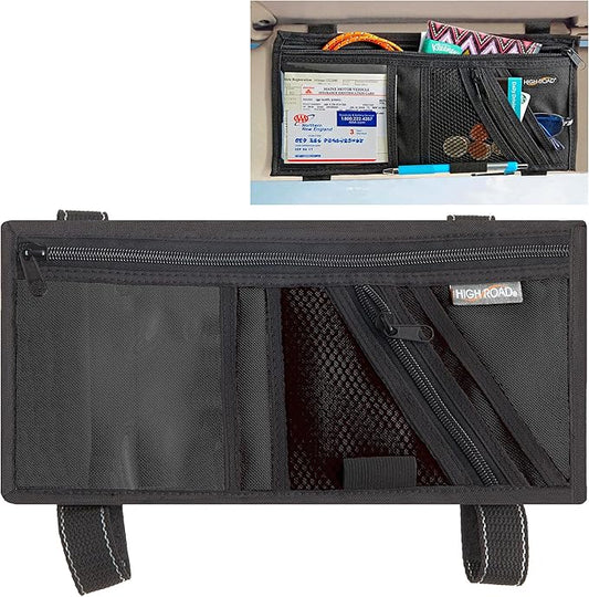 High Road Car Visor Organizer with Secure Zip Pockets, Sunglasses Holder and Clear Registration and Insurance Pocket - Heavy Duty Straps Fit Most Car, SUV and Truck Visors