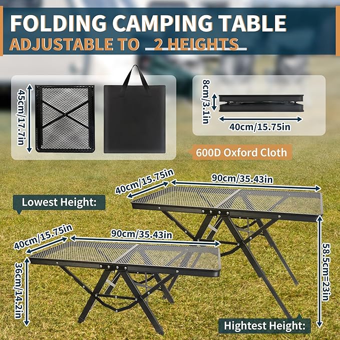 HPC DECOR Grill Table with Mesh Desktop,200lbs 3Ft Portable Folding Table,Camping Table,Picnic Table,Height Adjustable Metal Table for Ourdoor, Camping, Picnic, BBQ and Beach, RV, 35.4" L x 23.6" W