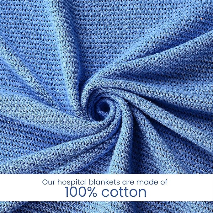 Linteum Textile Supply Blue Hospital Thermal Blanket 66x90 Inch 100% Cotton, Soft and Cozy, Breathable, Open-Cell Weave Design, All Season Twin Hospital Blanket (4-Pack)