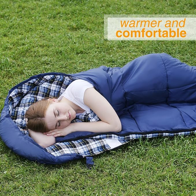REDCAMP Flannel Sleeping Bag for Adults, Comfortable Cotton Sleeping Bags for Camping with Detachable Hood, Red/Grey/Blue/Black