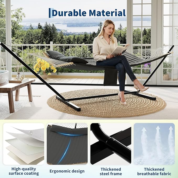 Garvee 2 Person Outdoor Hammock with Stand, Heavy Duty Portable Double Hammock with Balance Rope, MAX 450 LBS Capacity for Patio, Backyard, Garden, Beach