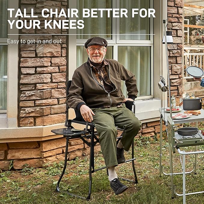 EVER ADVANCED 2 Piece Portable 30.7" Seat Height Tall Folding Camping Chair Directors Chair High with Side Table for Makeup Artist, Sports Event, Craft Show, Supports 350LBS