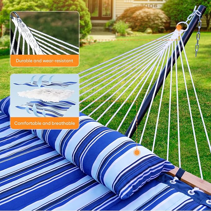 Everyfun Double Hammock with Spreader Bar,Soft Pillow,Max Load 500lbs,Portable Hammock for Outdoor,Camping,and Backyard,Blue