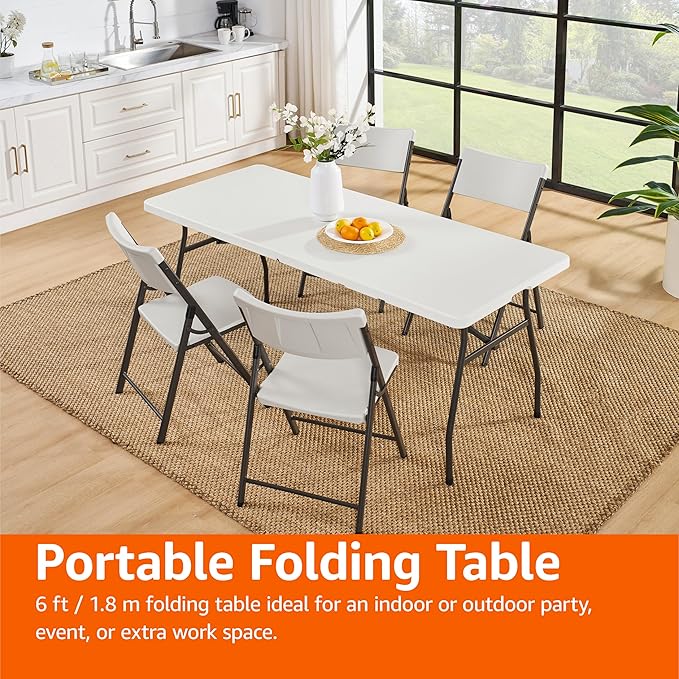 Amazon Basics Heavy Duty Portable Folding Table, 6 ft, Indoor & Outdoor, Fold-in-Half Design with Carrying Handle, White | Portable, Heavy Duty, Indoor & Outdoor, with Carrying Handle