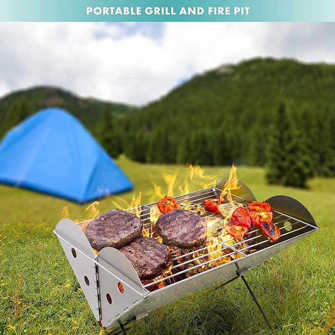 Vaygway Flatpack Portable Foldable Stainless Steel Grill and Fire Pit- Premium Quality Portable Travelling BBQ Grill- Wood Burning Charcoal Grill- For Camping, Hiking, Picnics (1 Pack)