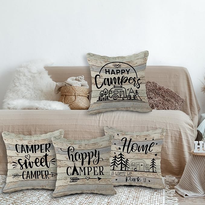 Sweet Camper Throw Pillow Case Set of 4, 18 x 18 Inch, Camping Gifts for Campers and Happy Campers