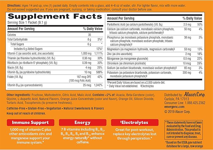 Emergen-C 1000mg Vitamin C Powder for Daily Immune Support Caffeine Free Vitamin C Supplements with Zinc and Manganese, B Vitamins and Electrolytes, Super Orange Flavor - 30 Count