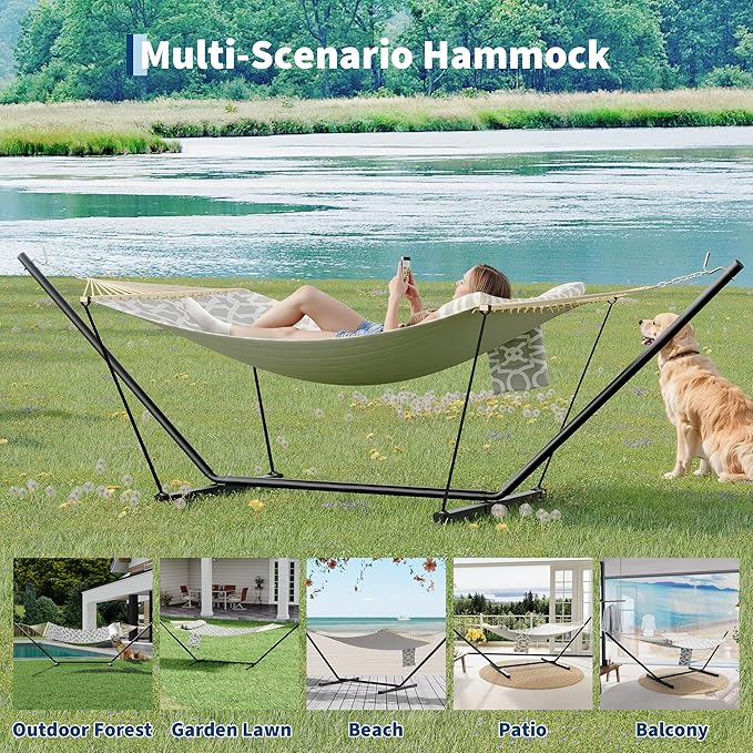 Garvee Double Hammock with Stand for Outdoor, Heavy Duty Portable 2 Person Hammock with Adjustable Steel Stand for Patio, Garden, Beach, Backyard