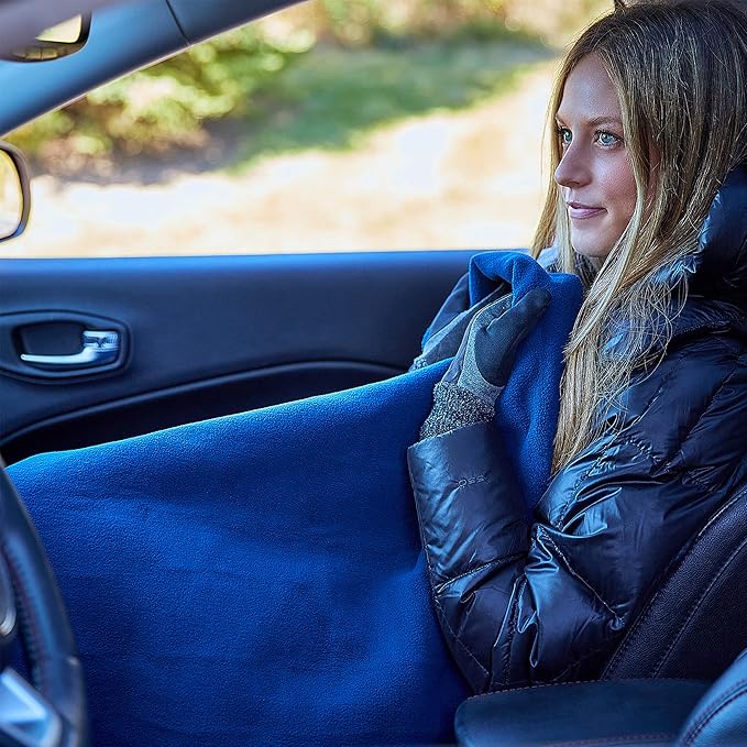 Heated Car Blanket - 12V Electric Travel Blanket for Car, Truck, SUV or RV - Portable Heated Throw for Road Trips, Camping or Winter Emergency Kit for Cold Weather Travel by Stalwart (Navy)