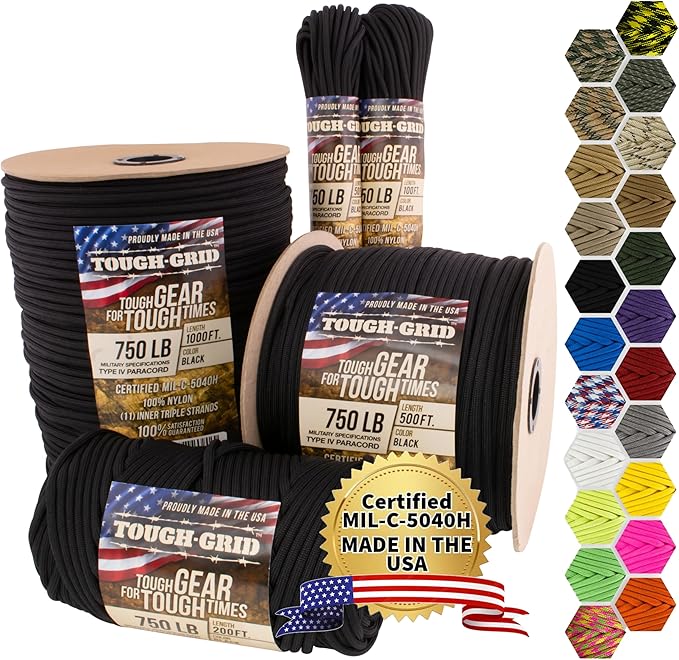TOUGH-GRID 750 Paracord Military Grade Nylon Rope - Type IV Mil-Spec Made in USA - Tactical Survival Cord