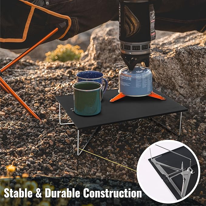 TREKOLOGY Compact Mini Camping Table – Portable, Ultralight, Folding Design – Small, Lightweight Surface for Hiking, Backpacking, Beach, or Nightstand Use – Collapsible Outdoor Gear (Black)