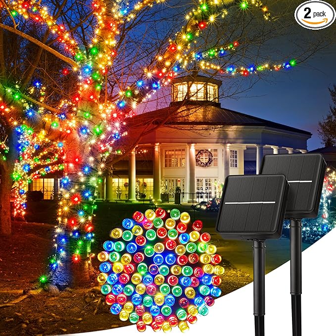Minetom Solar String Lights Outdoor, 2 Pack Total 80FT 200 LED String Lights Solar Powered with 8 Lighting Modes, Waterproof Solar Patio Lights,Colored Solar String Lights for Outside Tree, Multicolor
