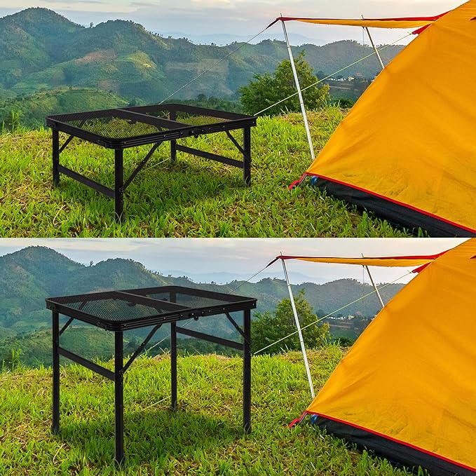 jkwokback Grill Table Camping Table Portable Folding Table,Height Adjustable Collapsible with Mesh Desktop,Lightweight Metal Table for Camp, BBQ, Picnic, RV, Outdoor Cooking, Travel