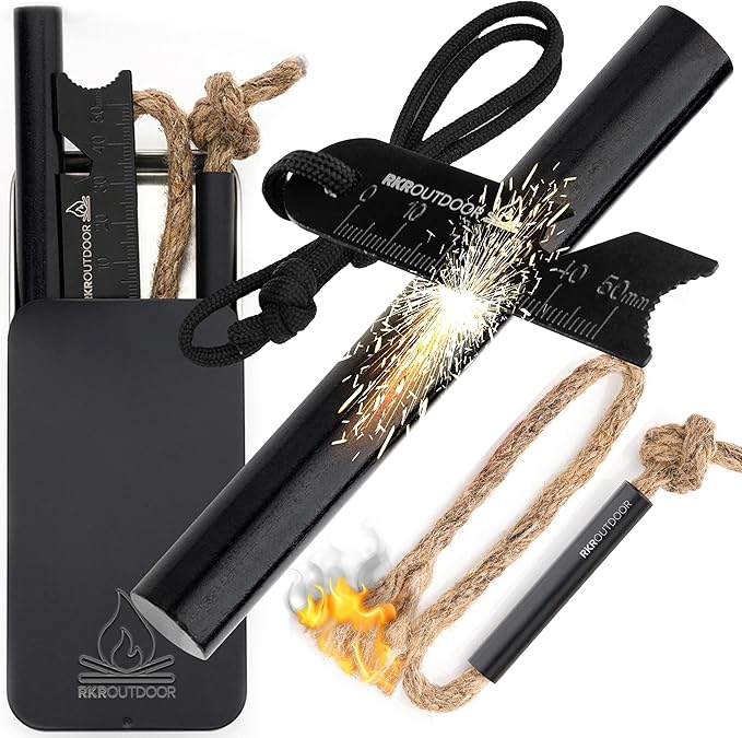 Ferro Rod Flint Fire Starter Kit + Tinder Wick Bellow with Sliding Box - 4" Length 1/2” Thick Ferro Rod with Multi-Tool Striker and Paracord Lanyard + Hemp Wick with Bellow + Sliding Box