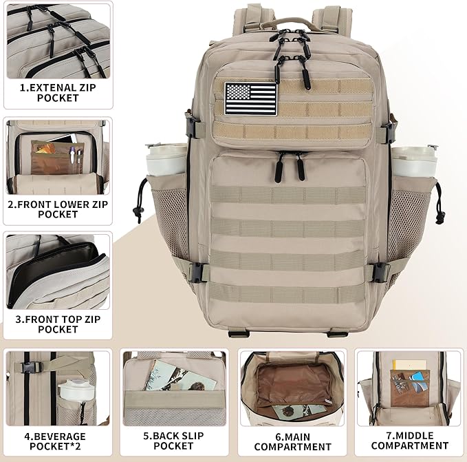 Lovelinks21 45L Tactical Assault Backpack 3 day assault pack with Molle Waterproof backpack Rucksack for Tactical Backpacks (Light Khaki)