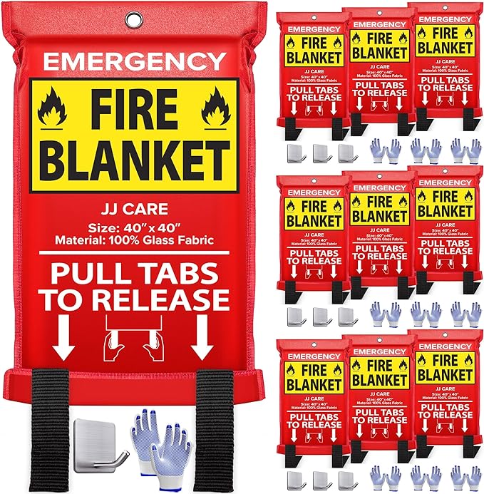 JJ CARE Fire Blanket – 10 Packs with Hooks and Gloves – 40” x 40” Fire Blankets Emergency for Home and Kitchen, High Heat Resistant and Flame Protection for Kitchen, Car, Office, Camping & Home Safety